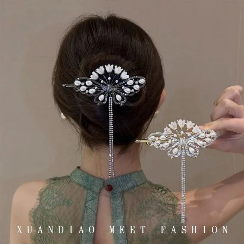 Female New Exquisite Alloy Flower Tassels Pearls Decorate Hair Clip Women's Back of The Head Hairpin Headwear Hair Accessories