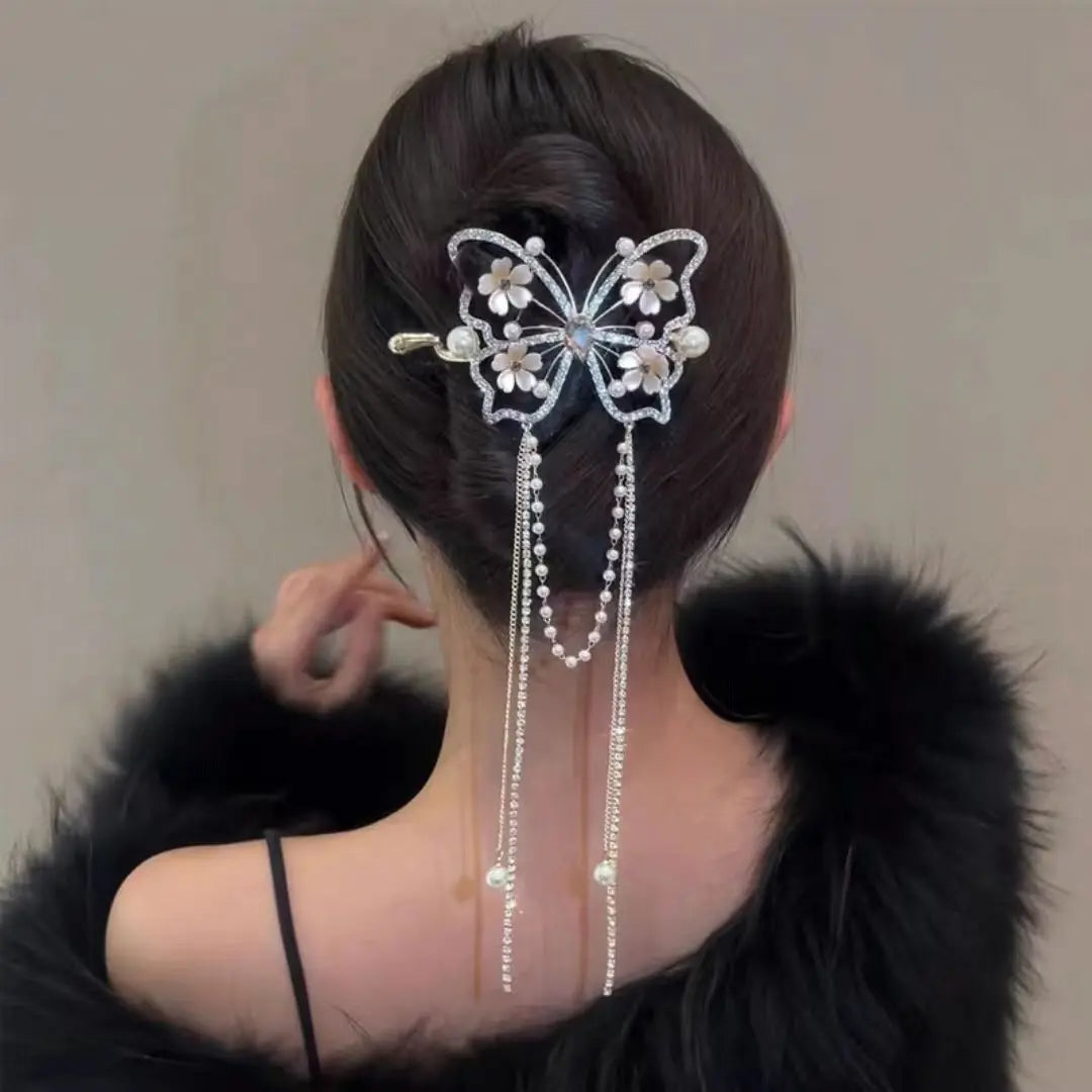 Female New Exquisite Alloy Flower Tassels Pearls Decorate Hair Clip Women's Back of The Head Hairpin Headwear Hair Accessories