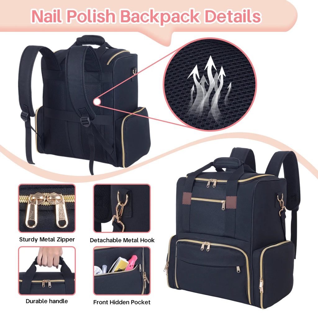 UOZL Nail Polish Organizer Backpack Holds 80 Bottles and a Nail Lamp Supplies with 2 Removable Cases Storage Bag Professional Tr