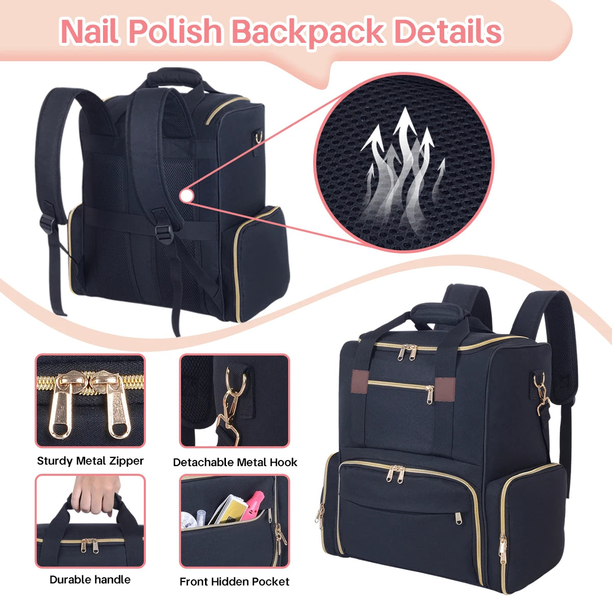UOZL Nail Polish Organizer Backpack Holds 80 Bottles and a Nail Lamp Supplies with 2 Removable Cases Storage Bag Professional Tr