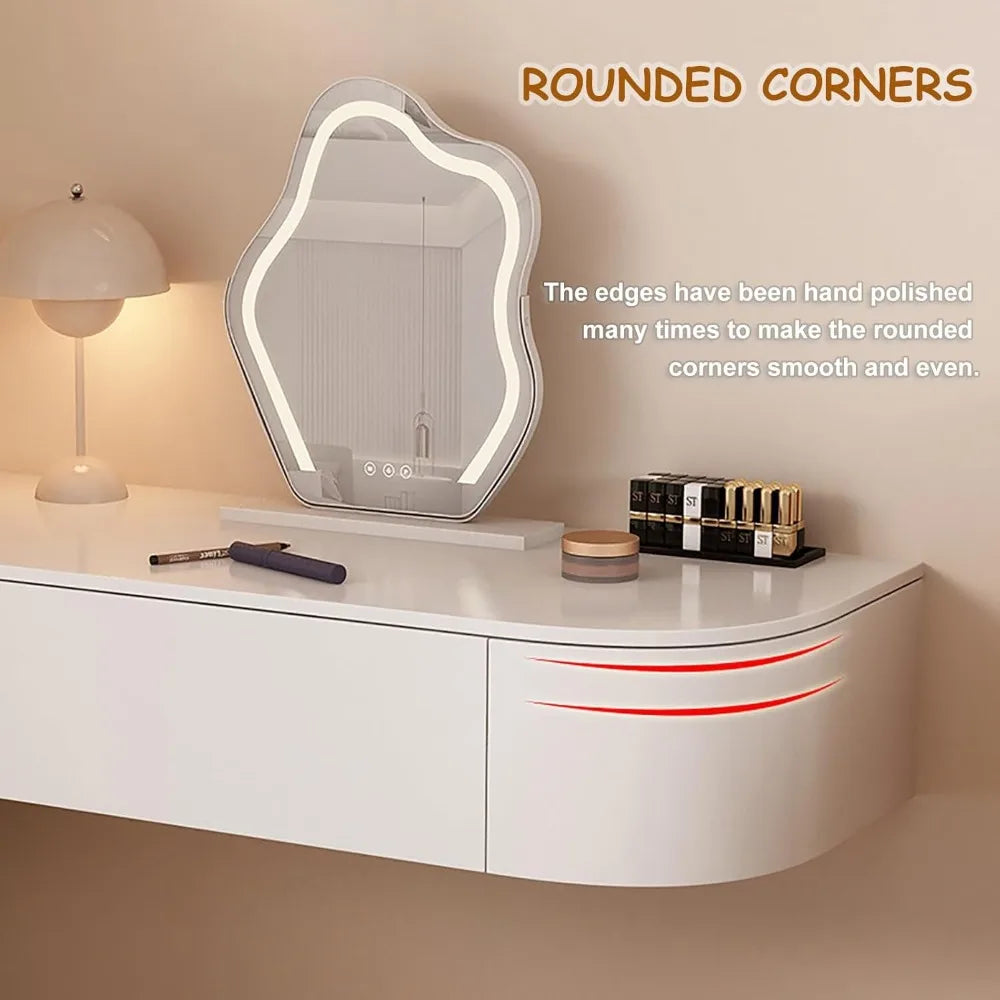 White Corner Floating Makeup Vanity with Mirror, Lights & Storage - Wall Mounted Dressing Table