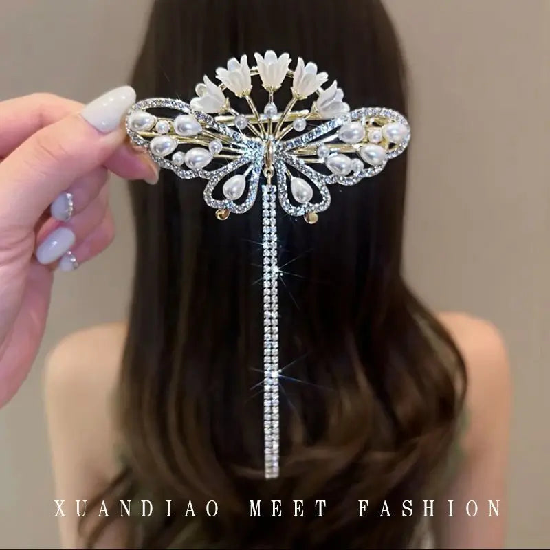 Female New Exquisite Alloy Flower Tassels Pearls Decorate Hair Clip Women's Back of The Head Hairpin Headwear Hair Accessories