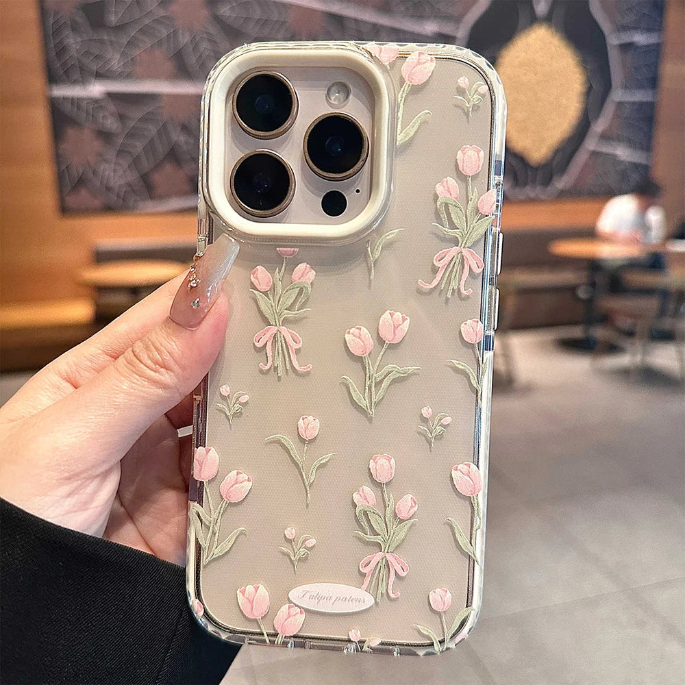 Stylish Pink Tulip Flower Pattern Cute Phone Cases for iPhone 17 16 15 14 13 12 Pro Max 16Pro Transparent Shockproof Case Cover
