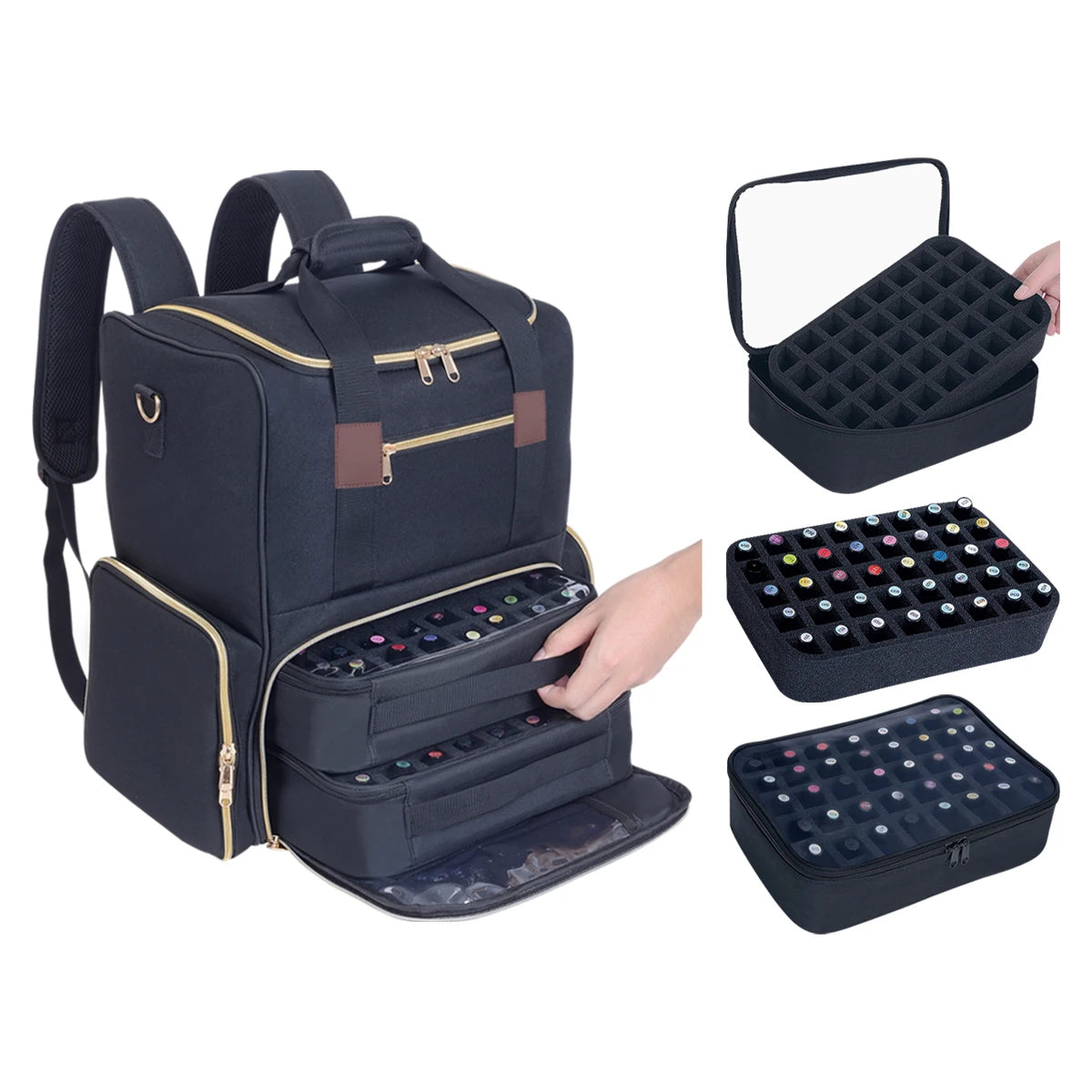 UOZL Nail Polish Organizer Backpack Holds 80 Bottles and a Nail Lamp Supplies with 2 Removable Cases Storage Bag Professional Tr