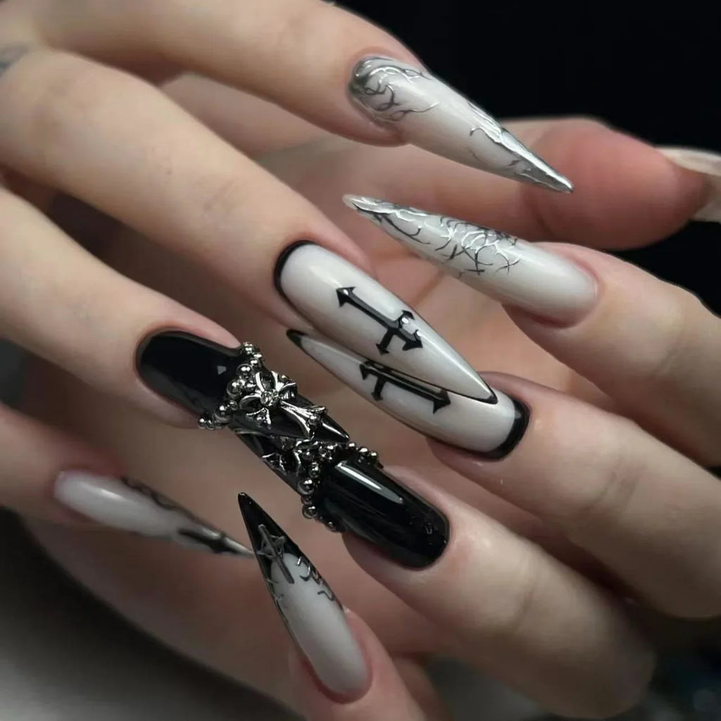 24Pcs Long Press on Nails, Acrylic False Nail Tips with Glue, Decorated Sticker Gel Fake Nails Set for Women, Nail Art Kit