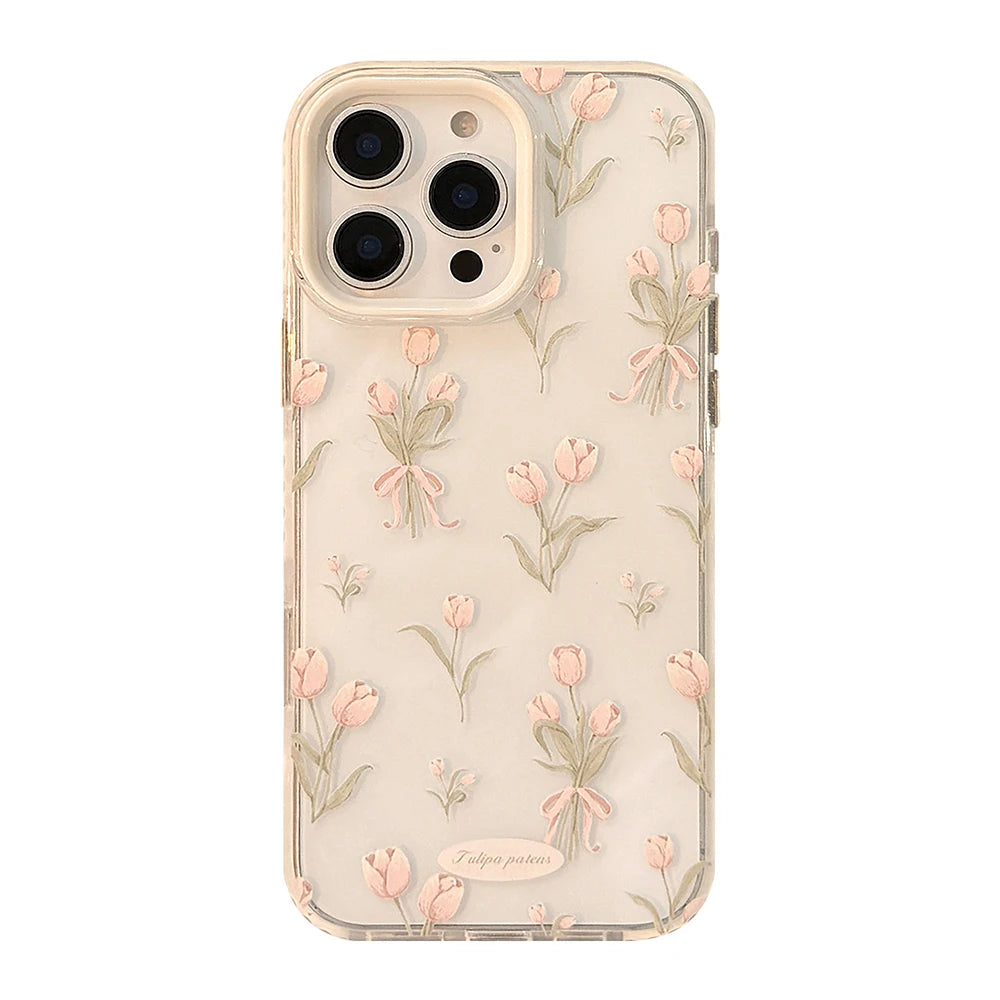 Stylish Pink Tulip Flower Pattern Cute Phone Cases for iPhone 17 16 15 14 13 12 Pro Max 16Pro Transparent Shockproof Case Cover