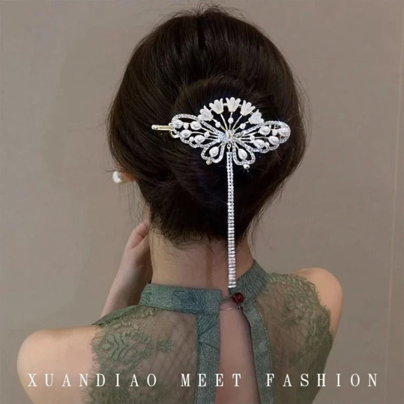 Female New Exquisite Alloy Flower Tassels Pearls Decorate Hair Clip Women's Back of The Head Hairpin Headwear Hair Accessories