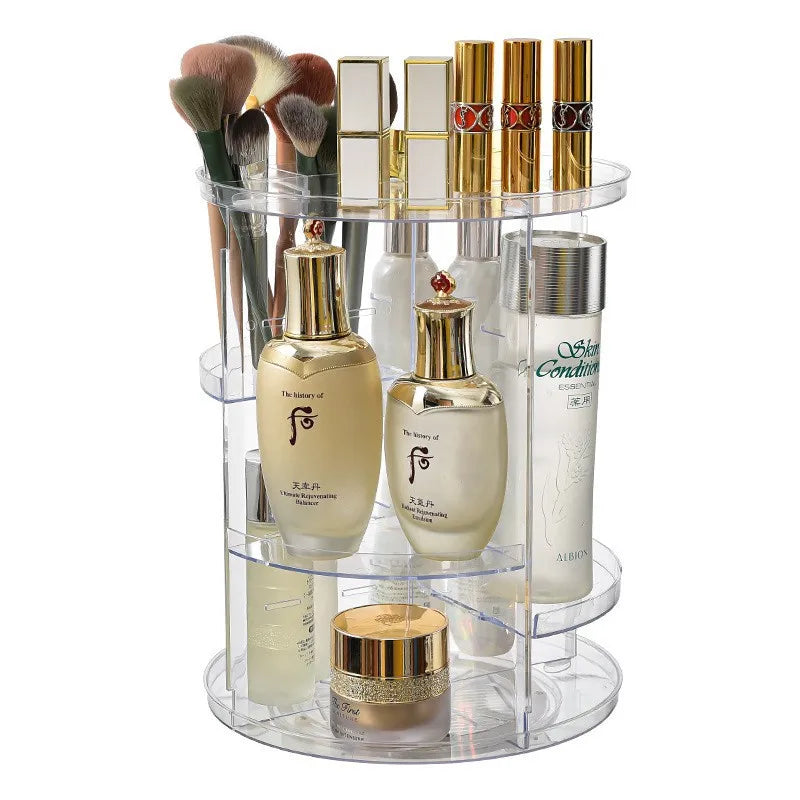 Rotating Makeup Organizer, Adjustable Layers Spinning Skincare Organizer, Cosmetic Display Case with Brush Holder Perfume Tray