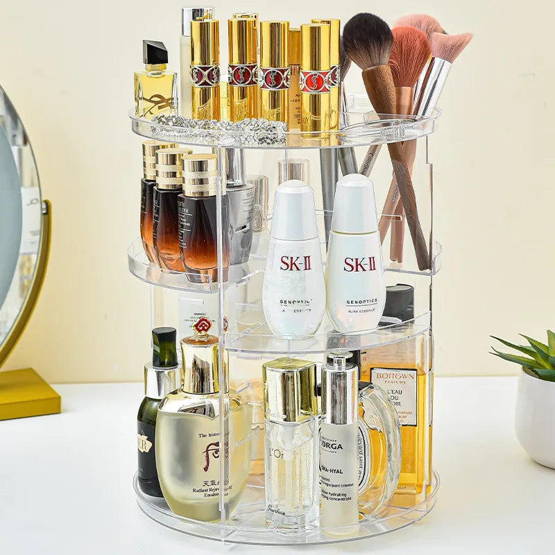 Rotating Makeup Organizer, Adjustable Layers Spinning Skincare Organizer, Cosmetic Display Case with Brush Holder Perfume Tray
