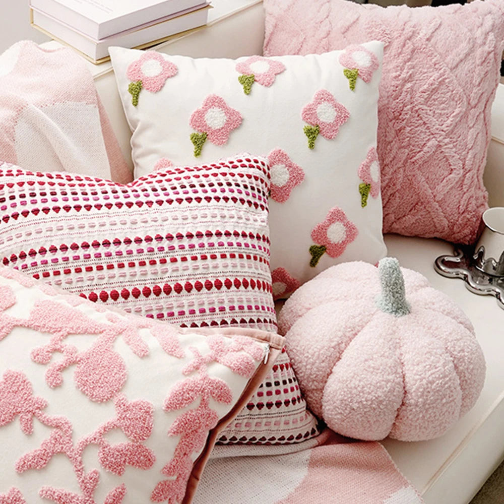 BUYNOW Cute Pink Flower Embroidered Pillowcase Ins French-style Cream Living Room Sofa Cushion Cover Home Bedroom Party Decor