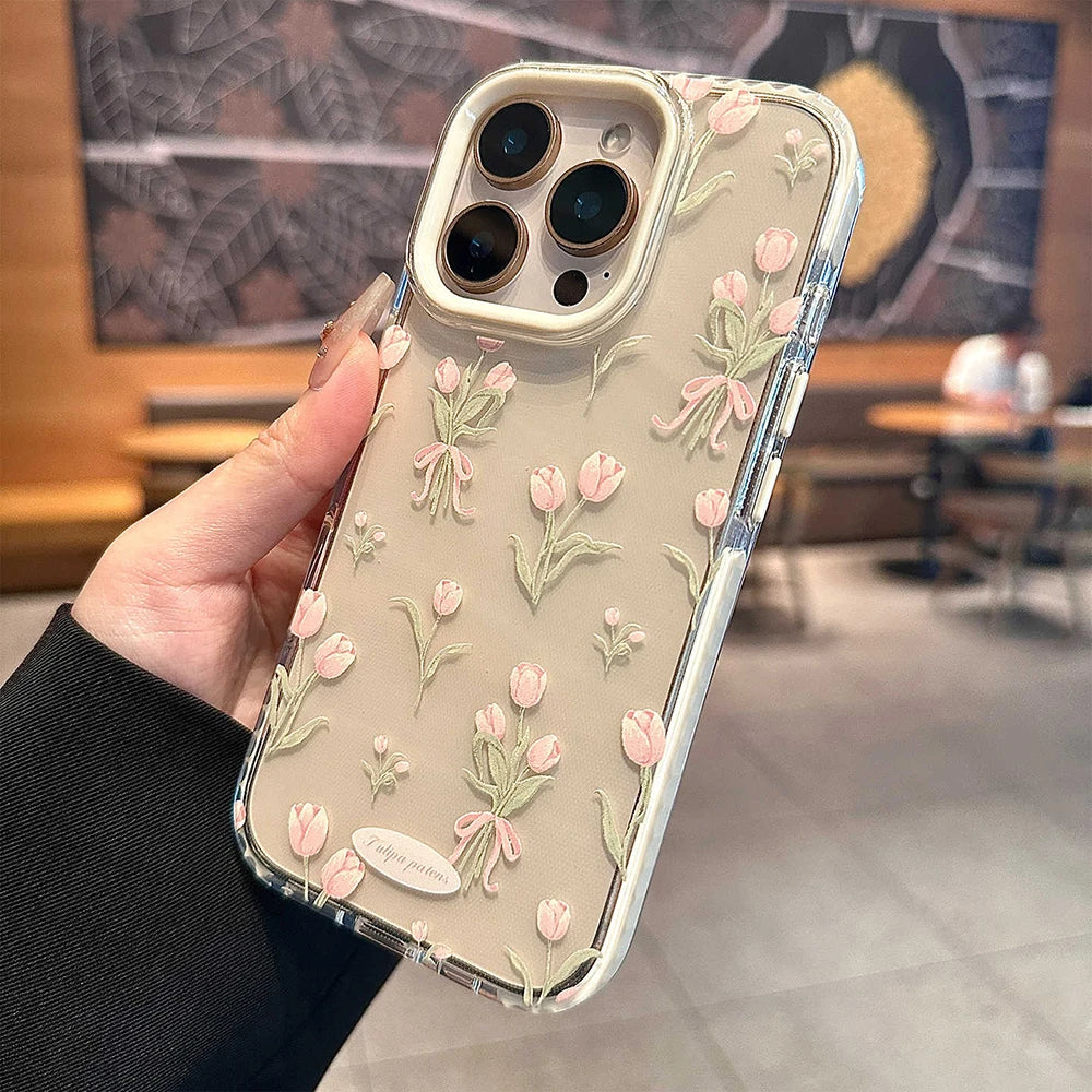 Stylish Pink Tulip Flower Pattern Cute Phone Cases for iPhone 17 16 15 14 13 12 Pro Max 16Pro Transparent Shockproof Case Cover