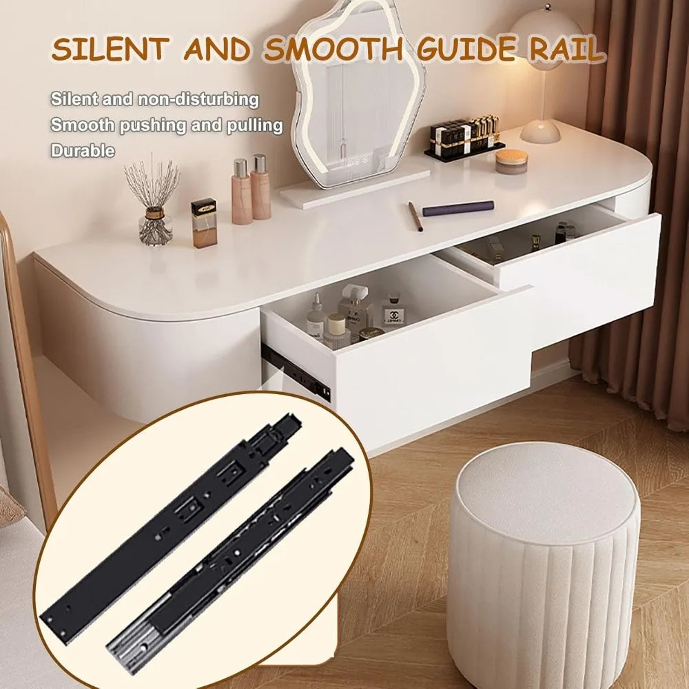 White Corner Floating Makeup Vanity with Mirror, Lights & Storage - Wall Mounted Dressing Table