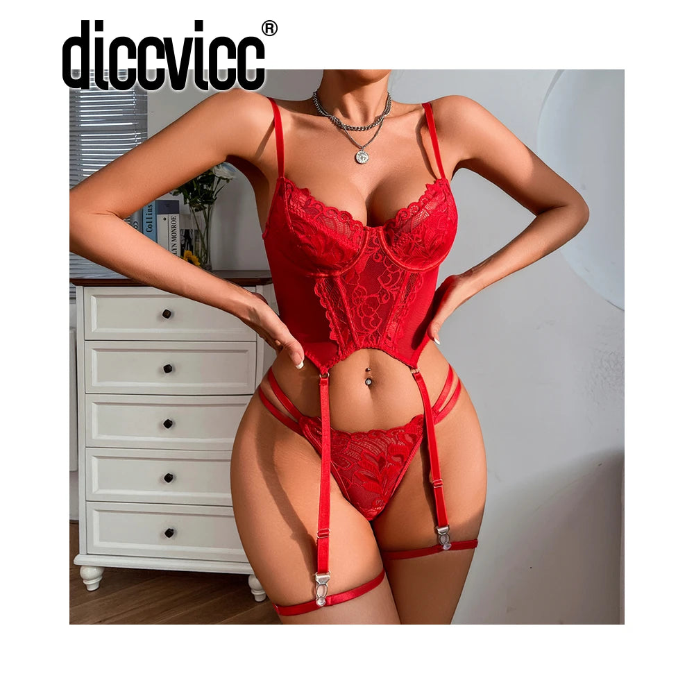Diccvicc Floral Lace Lingerie See Through Sexy Tops Panty Set Attractive Underwear Elegant Woman Sensual Kit Exotic Lady Clothes