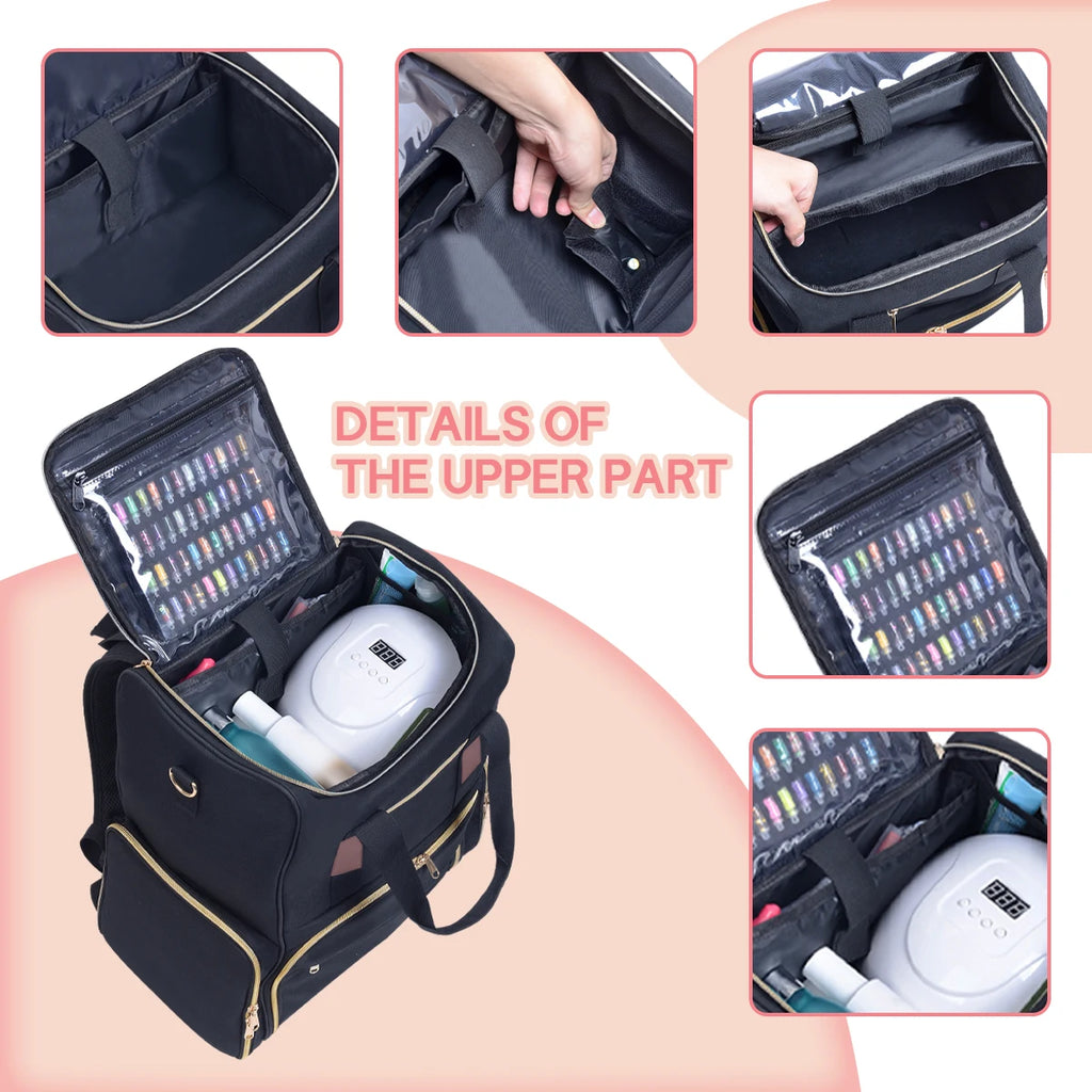 UOZL Nail Polish Organizer Backpack Holds 80 Bottles and a Nail Lamp Supplies with 2 Removable Cases Storage Bag Professional Tr