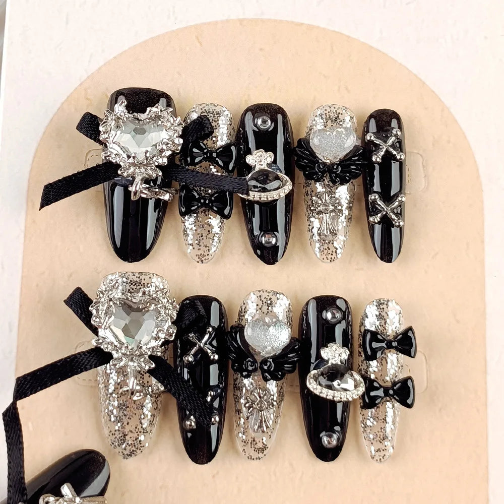 NewGoldcast Handmade Press on Nails Black Bow Tie Wearable Pink Cute Long False Nails Winter Reusable Full Cover Charm Nails Art