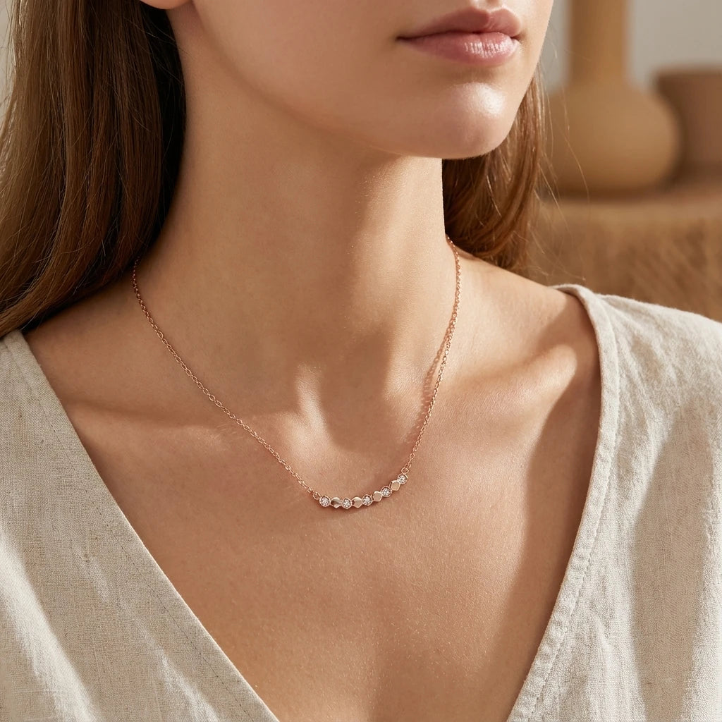 Minimalist Smile Bar Necklace for Women Rose Gold Color Plated Inlay Zircon Hexagon Geometric Clavicle Chain Jewelry Trend Gift