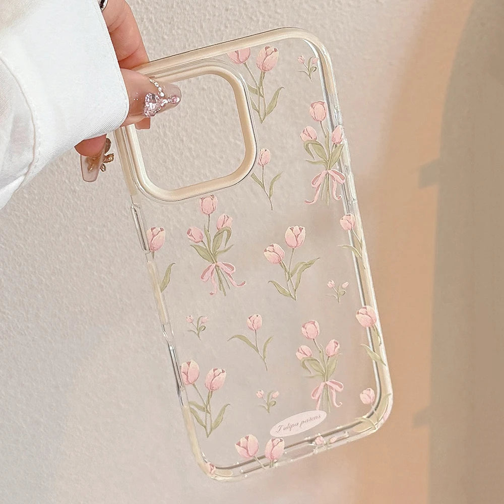 Stylish Pink Tulip Flower Pattern Cute Phone Cases for iPhone 17 16 15 14 13 12 Pro Max 16Pro Transparent Shockproof Case Cover