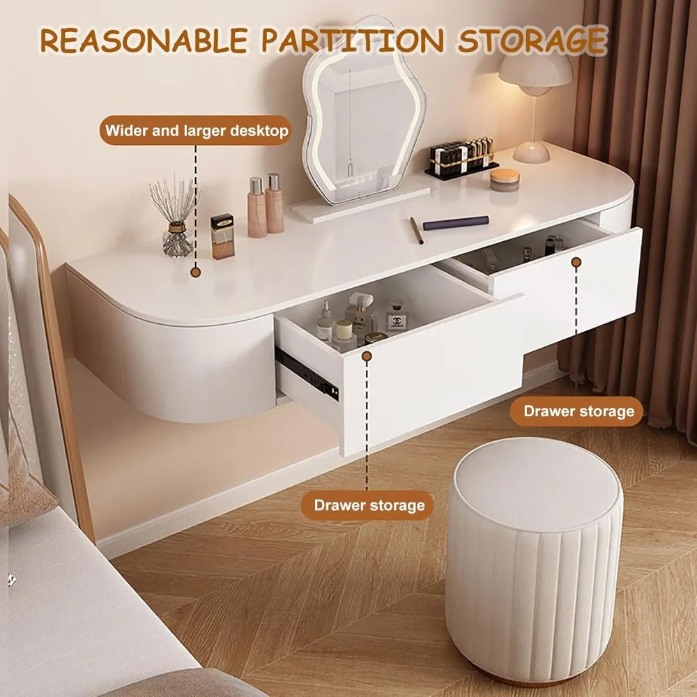 White Corner Floating Makeup Vanity with Mirror, Lights & Storage - Wall Mounted Dressing Table