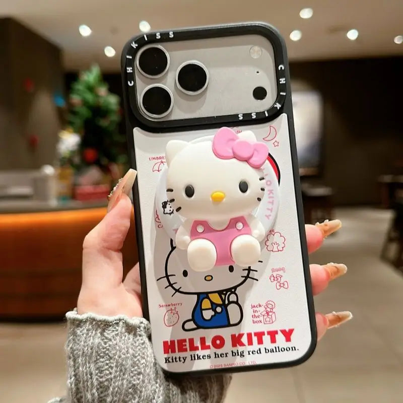 Korean Trendy Sanrio Hellokitty Girlish Phone Case For IPhone 17 Pro Max 16 15 14 Plus Magnetic Bracket TPU+PC Shockproof Cover