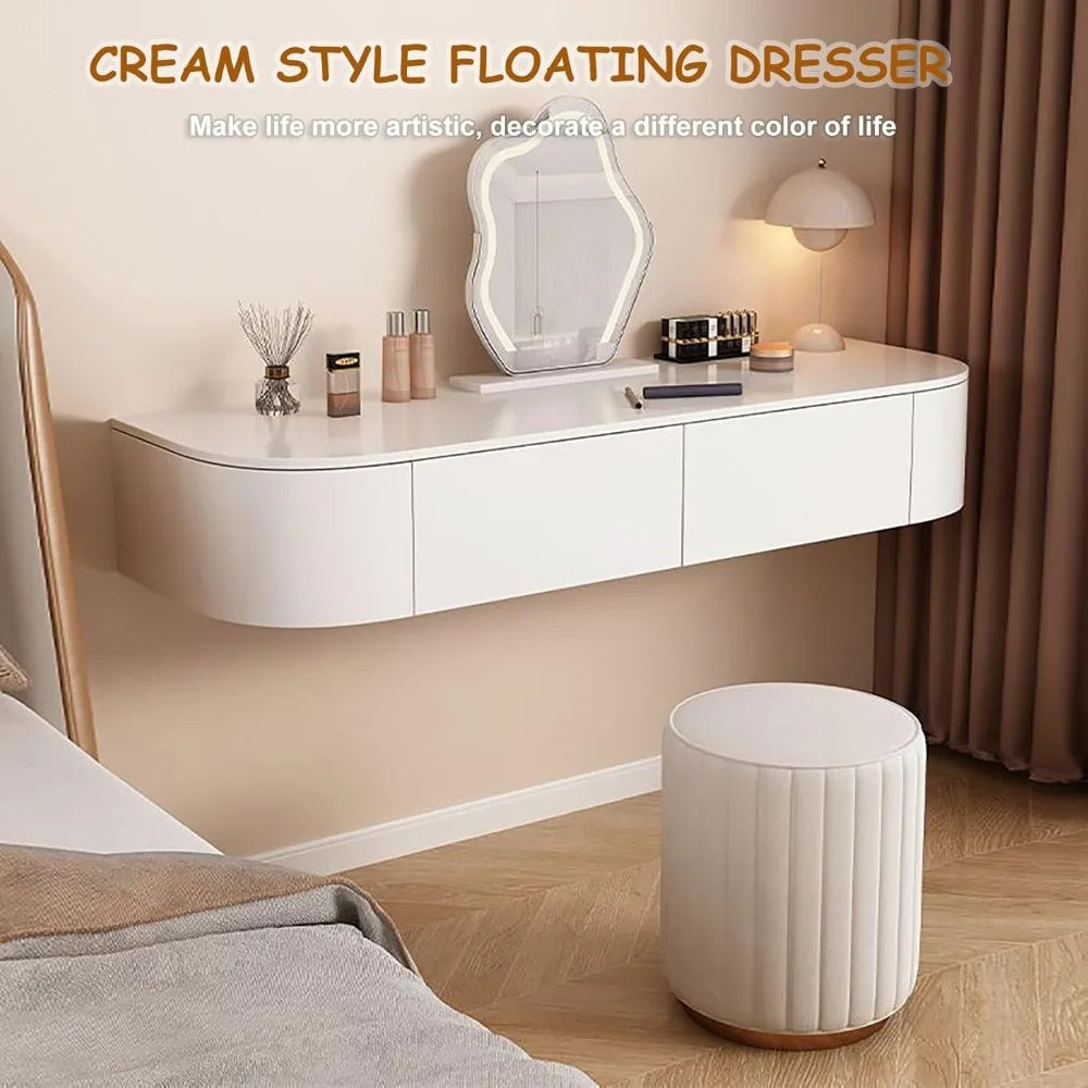 White Corner Floating Makeup Vanity with Mirror, Lights & Storage - Wall Mounted Dressing Table
