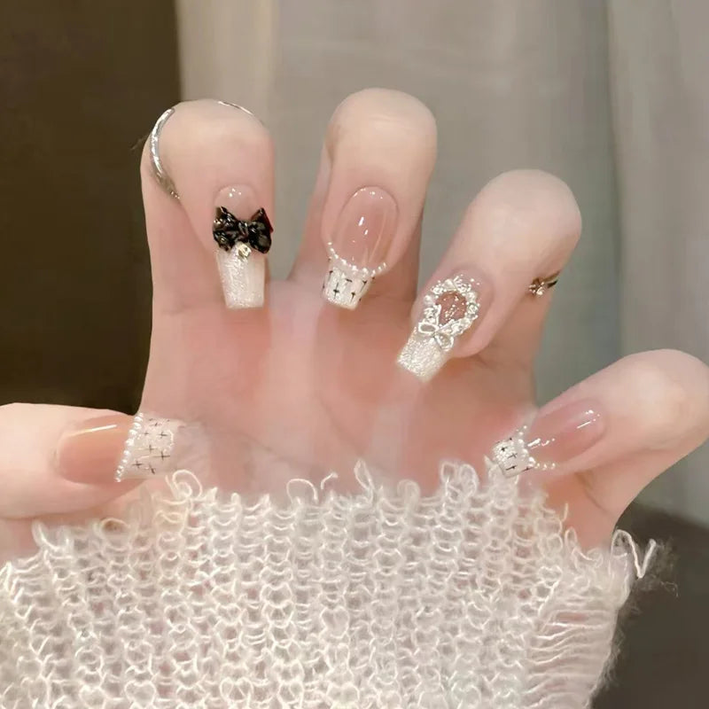 24pcs French Coffin Press on Nails Kitten Pattern False Nails Wearable Stick-on Nail Fake Nails Накладные Ногти Uñas Postizas