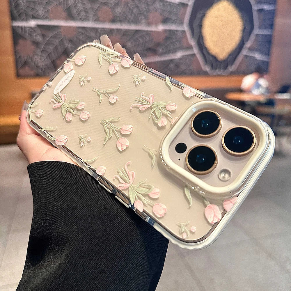 Stylish Pink Tulip Flower Pattern Cute Phone Cases for iPhone 17 16 15 14 13 12 Pro Max 16Pro Transparent Shockproof Case Cover