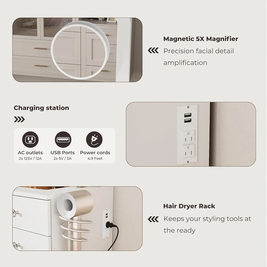 White Vanity Desk with Mirror & LED Lights, 3 Modes Adjustable Brightness, 11 Drawers Glass Top for Bedroom, Customized