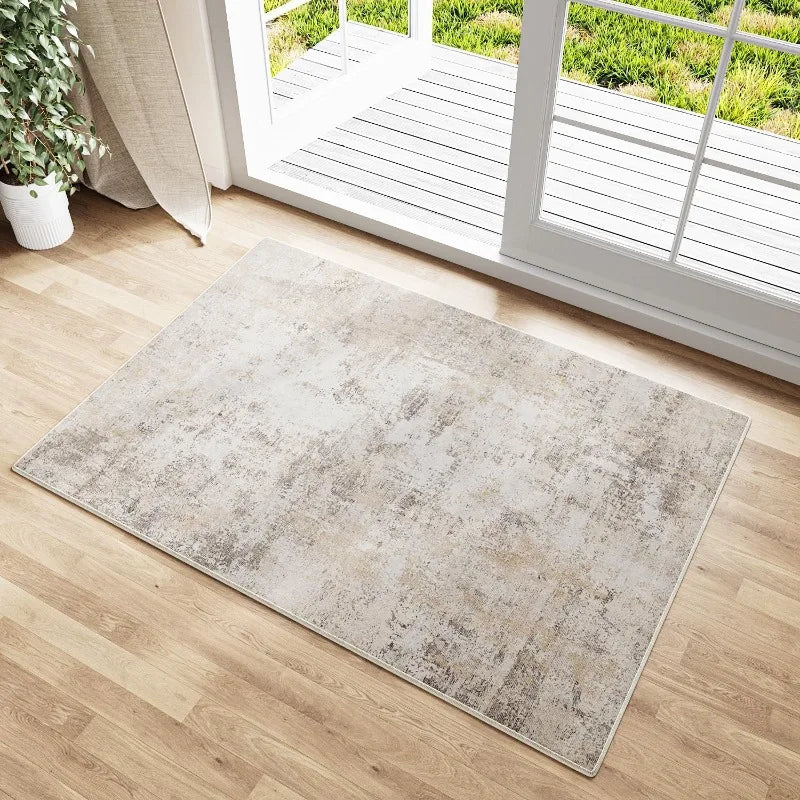 Washable Microfibre Rugs Area Small Rug 60x90cm Beige Grey Modern Abstract Entrance Kitchen Carpet Non-Slip Short Pile Soft