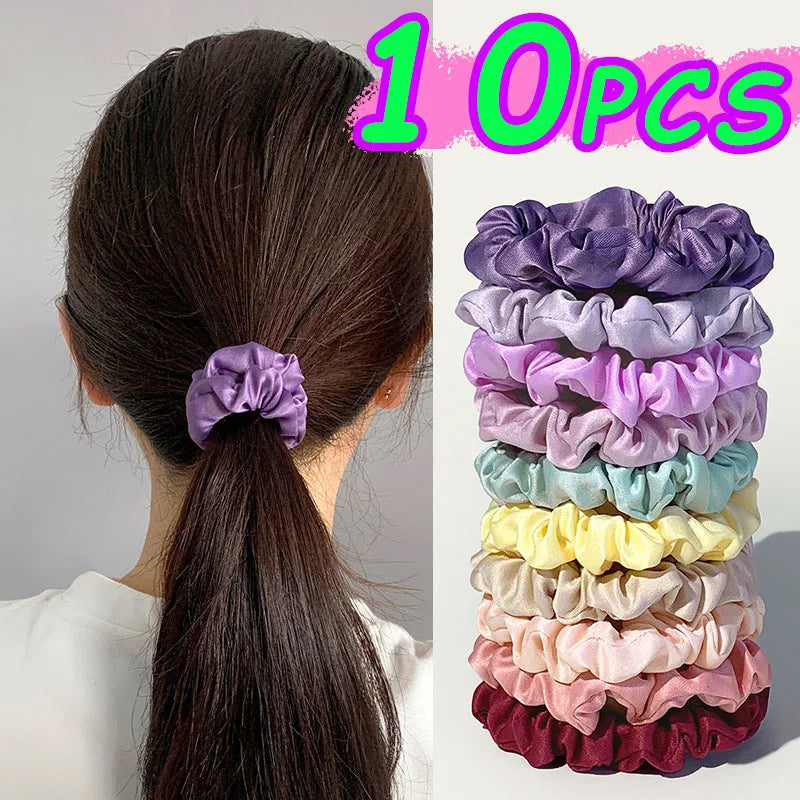 10pcs/pack Smooth Satin Hair Scrunchies Women Elastic Hair Bands Solid Color Hair Ties Bands Dot Rubber Band Hair Accessories