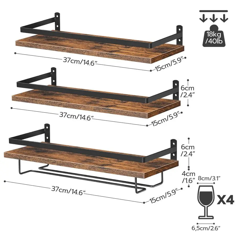 Wall Mounted Wine Rack 3 Pack, Wine Shelf Hanging Floating Wall Shelves, Wine Glass Bottle Rack Stemware Holder, for Living Room