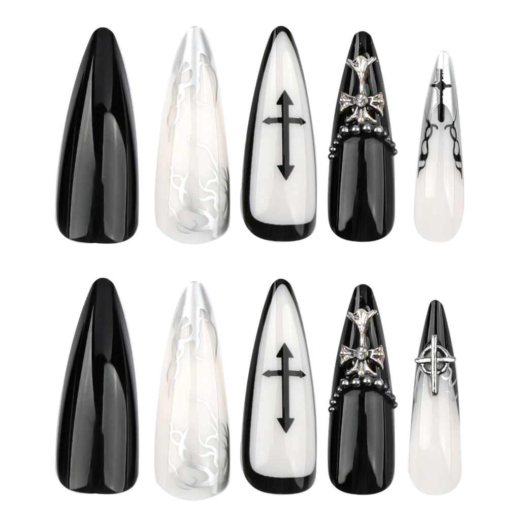24Pcs Long Press on Nails, Acrylic False Nail Tips with Glue, Decorated Sticker Gel Fake Nails Set for Women, Nail Art Kit