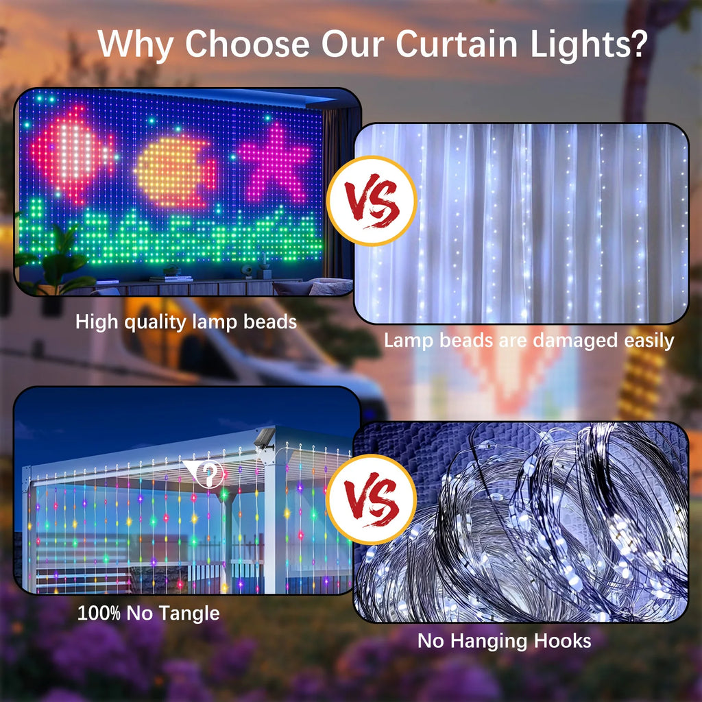 Fairy Curtain Light, DIY Pattern and Text, Music and Microphone Sync, Smart  APP Contrl- 400LED-USB Powered,Festival Decor Light