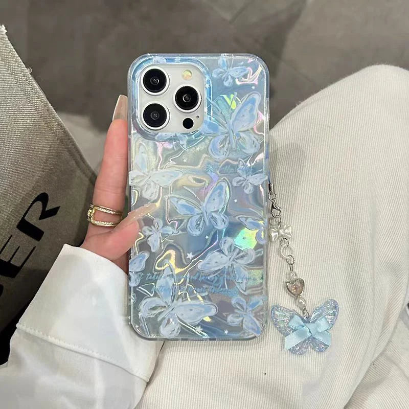 Trendy Bowknot Butterfly Pearl Dots Case For iPhone 17 Pro Max 17 Pro 17 Air Girl Chain Pendant Laser PC Phone Cover Cases