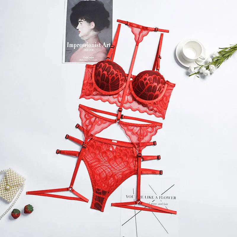 2022 Sexy Three Piece Suit Lace Shapewear Perspective Porn Suit Halterneck Embroidered Push Up Bra Garter Teddy Lingerie Hot Set