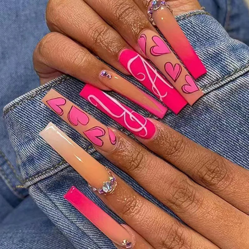 24Pcs Long Coffin False Nails Pink French Flowers Design Fake Nail with Butterfly Rhinestone Wearable Ballet Press on Nails