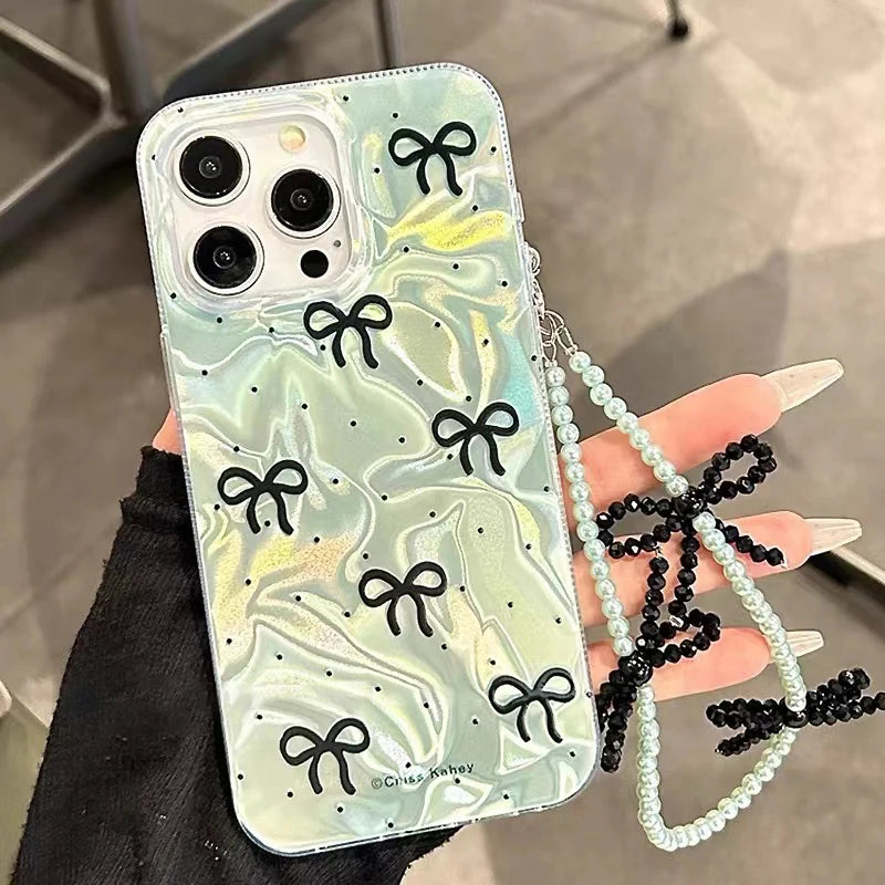 Trendy Bowknot Butterfly Pearl Dots Case For iPhone 17 Pro Max 17 Pro 17 Air Girl Chain Pendant Laser PC Phone Cover Cases