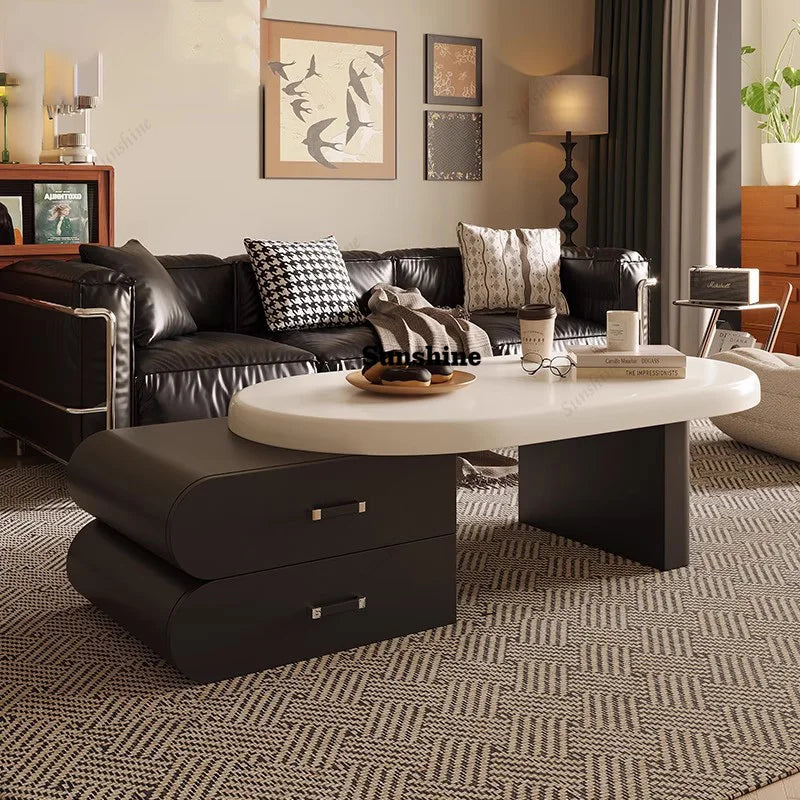 French Minimalist Coffee Table With Drawers Wavy Luxury Nordic Coffee Table Oval Metal Handles Coffee Table Home Furniture