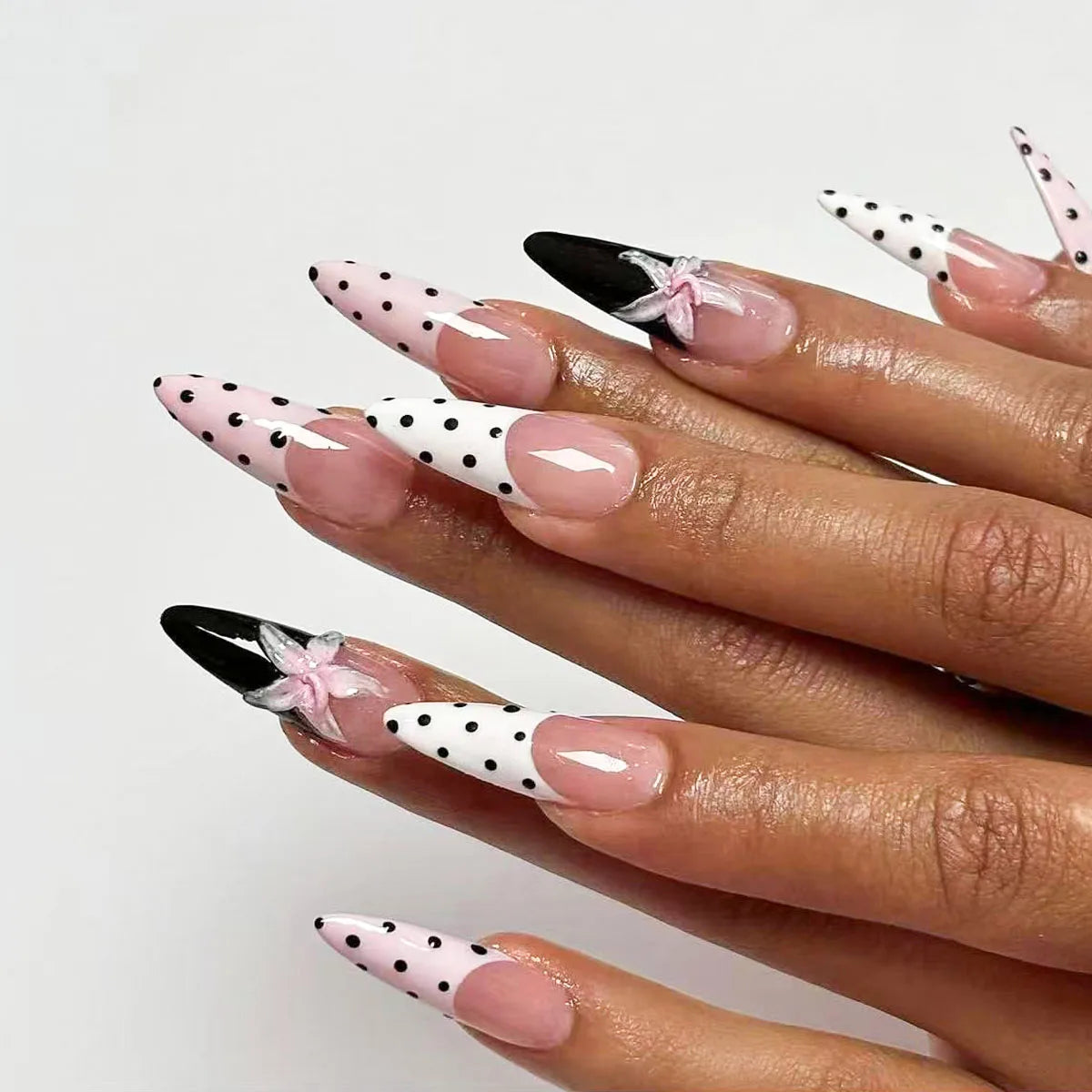 10pcs Handmade Polka Dot Press-On Nails - Pink, White & Black with 3D Flower Decor, Retro Sweet Nail Supplies