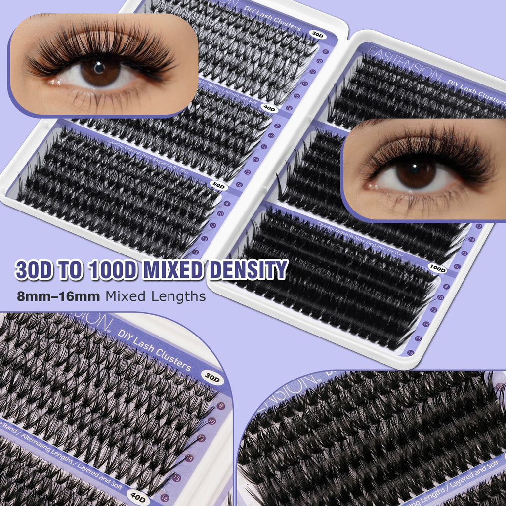 708pcs Mega Lash Clusters Kit with Tweezers, Glue & Brush - Soft Silky Fiber False Eyelashes, 0.07mm Ultra-Thin & Lightweight, 10-18mm Lengths, Natural/Cat-Eye/Volume Styles, Reusable Lash Extensions for Parties, Weddings, Da