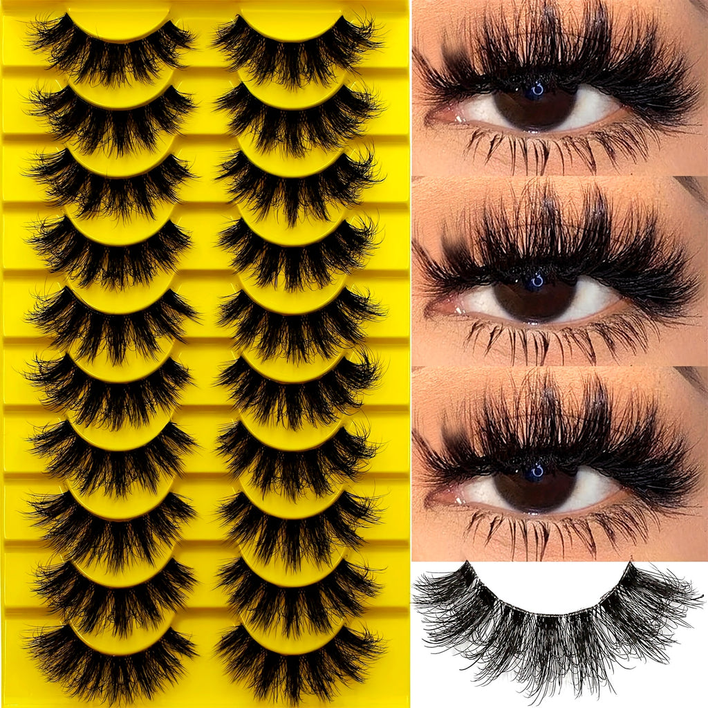 10 Pairs Set of Luxurious 3D Russian Strip Fluffy False Eyelashes - Thick Volume, Messy, Lightweight, Handmade, Unscented, Pair Form for Dramatic Eye Look - Easy to Apply, Reusable, Comfortable, Cruelty-Free, and Versatile fo