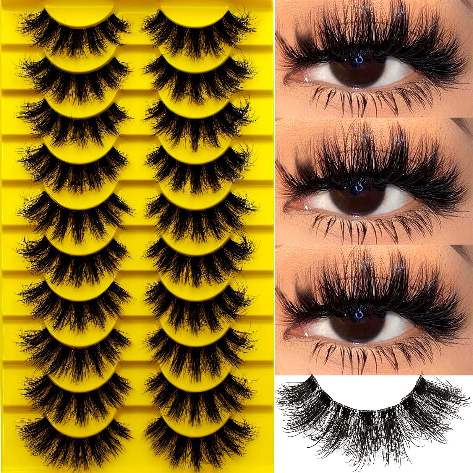 10 Pairs Set of Luxurious 3D Russian Strip Fluffy False Eyelashes - Thick Volume, Messy, Lightweight, Handmade, Unscented, Pair Form for Dramatic Eye Look - Easy to Apply, Reusable, Comfortable, Cruelty-Free, and Versatile fo