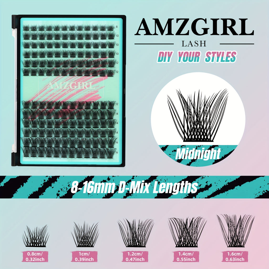 144PCS AMZGIRL LASH Midnight DIY Lash Extension Kit with Lash Bond and Seal, Lash Glue Remover, Applicator for Individual False Eyelashes (D-Mix 8-16mm Kit) for Halloween