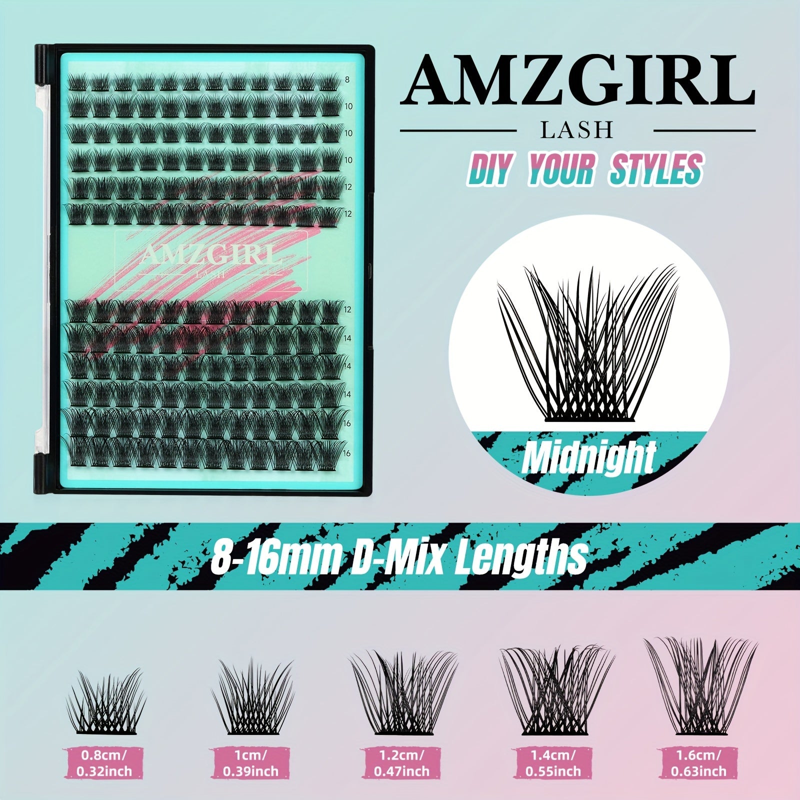 144PCS AMZGIRL LASH Midnight DIY Lash Extension Kit with Lash Bond and Seal, Lash Glue Remover, Applicator for Individual False Eyelashes (D-Mix 8-16mm Kit) for Halloween
