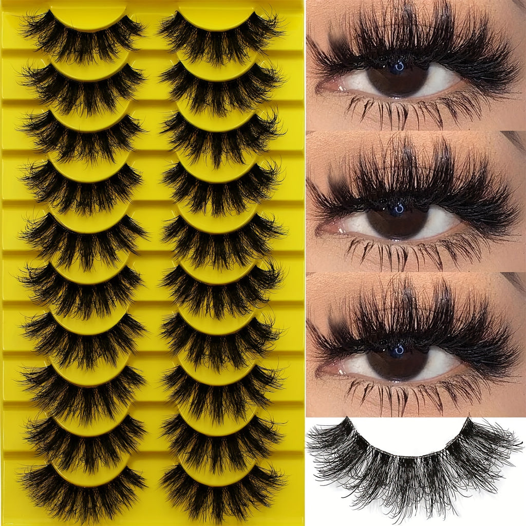 10 Pairs Set of Luxurious 3D Russian Strip Fluffy False Eyelashes - Thick Volume, Messy, Lightweight, Handmade, Unscented, Pair Form for Dramatic Eye Look - Easy to Apply, Reusable, Comfortable, Cruelty-Free, and Versatile fo